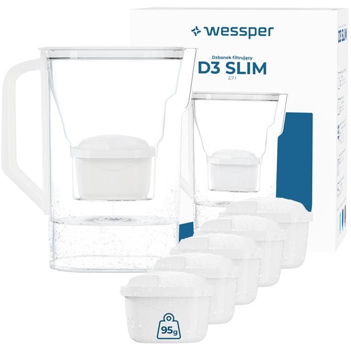 Carafe filtrante Wessper D3 Slim Aquamax + 6 cartouche filtrante Aquamax convient aux portes de réfrigérateur