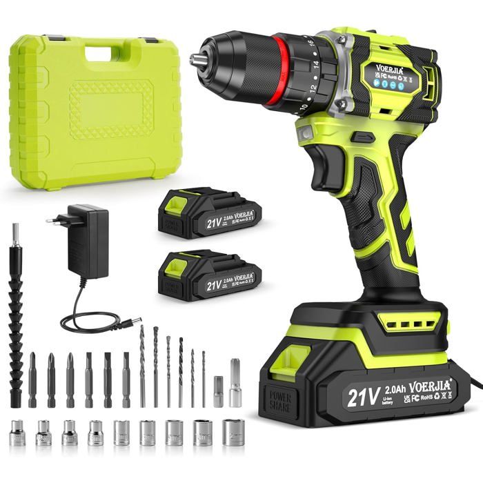 Perceuse-visseuse sans fil VOERJIA 21V Brushless 60Nm 2x2000mAh 29 accessoires