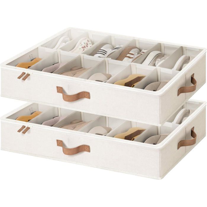Organisateur de chaussures sous lit - LEVYS - 76x62x13 5 cm - Lot de 2 - 24 paires - Beige - Séparateurs ajustables