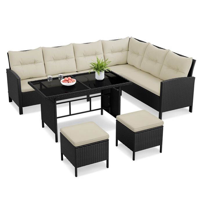 Yaheetech Ensemble de Chaises et Table de Jardin 4 Pièces avec Canapés en Polyrotin Table Ottomans pour Balcon Terrasse Noir/Beige