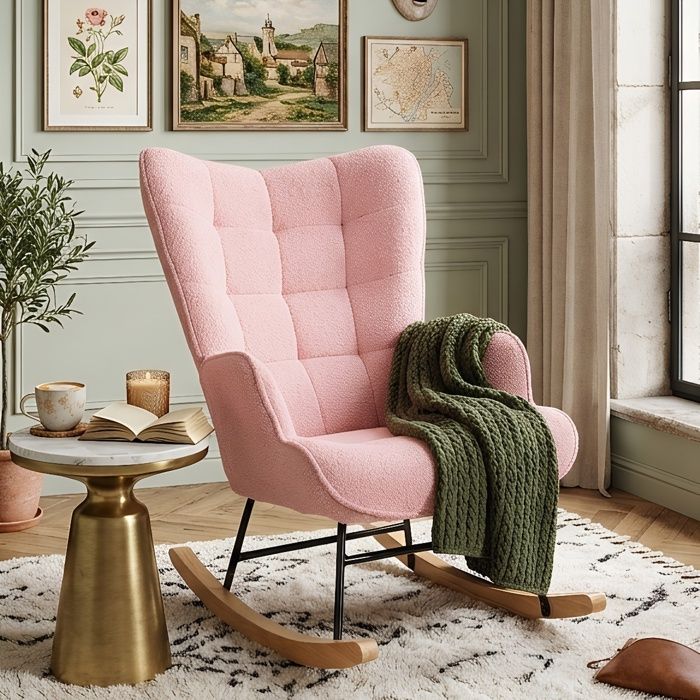 Fauteuil Berçante Moderne - Dossier Quadrillé Confortable - Idéal pour Coin Lecture ou Bébé - Pieds Anti-dérapants -Teddy Rose
