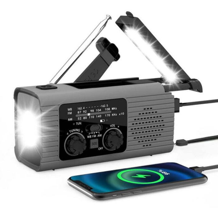 Radio météo durgence radio dalerte météo 4000 mAh recharge solaire manivelle et USB radio AM/FM – Gris