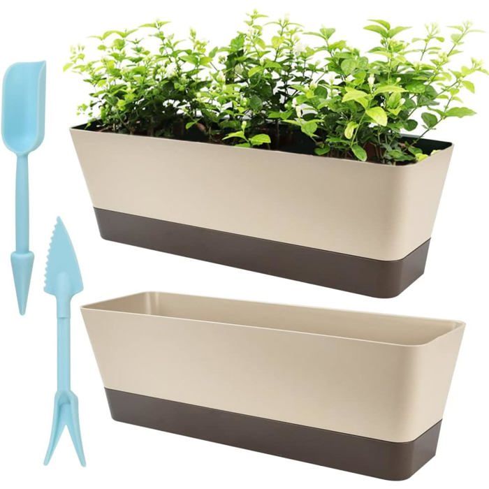 Lot De 2 Pots De Fleurs Rectangulaires Avec Trous De Drainage Et 2 Pots De Semis Longs Et Peu Profonds Pour Baie Vitrée Rebo[PP140]