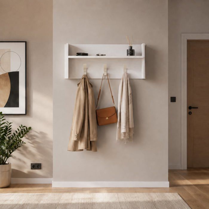 Portemanteau mural - THE WHITE STONE - Modèle 90×29×34 cm - Étagère 5 kg - 3 patères - Blanc mat