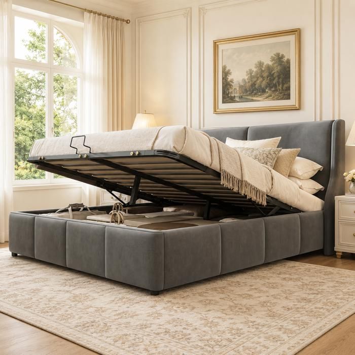 Lit Adulte 140x190 CM avec Rangement Hydraulique - Lit Coffre avec Rangement et Tete de Lit capitonne - 2 Personnes - Velours - Gris