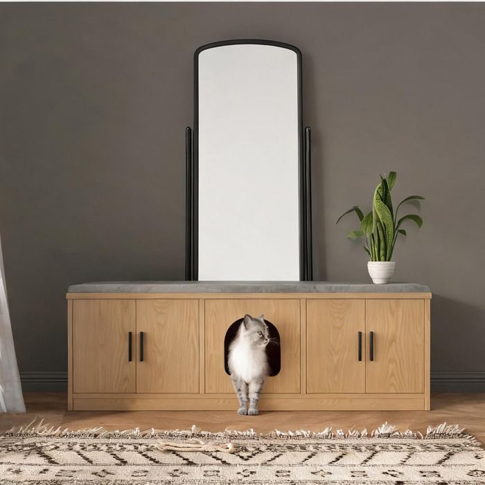 Meuble multifonction pour chat 140 x 40 x 45 5 cm en panneau de particules aspect chêne