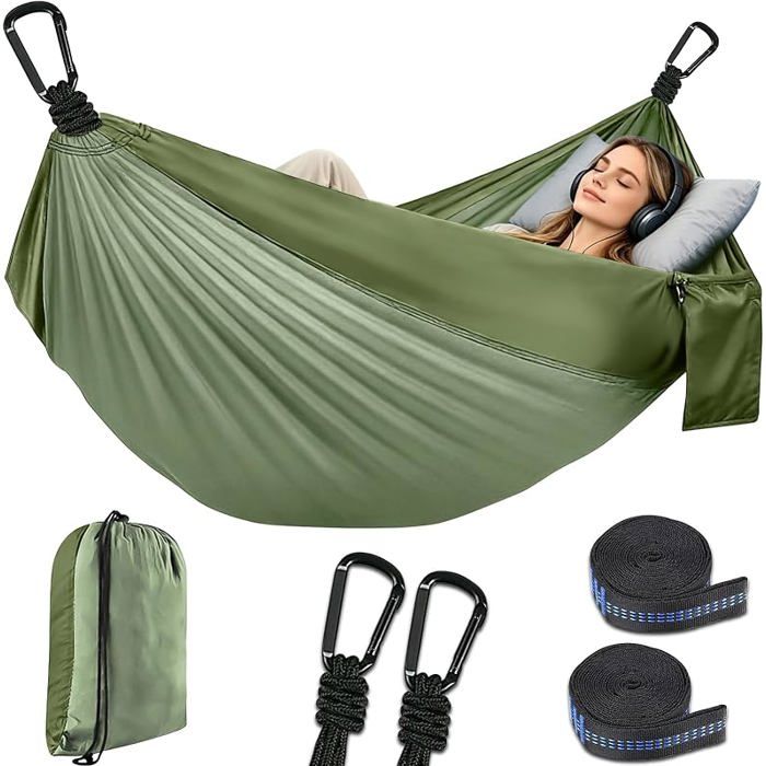 Hamac double parachute vert 300x200cm en nylon aéré charge 300kg pour sorties camping extérieures