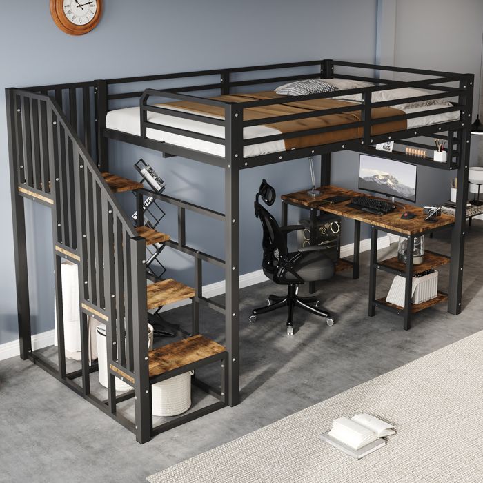 COVREO Lit mezzanine 120 x 200 cm avec bureau intégré étagère escalier avec main courante métal noir