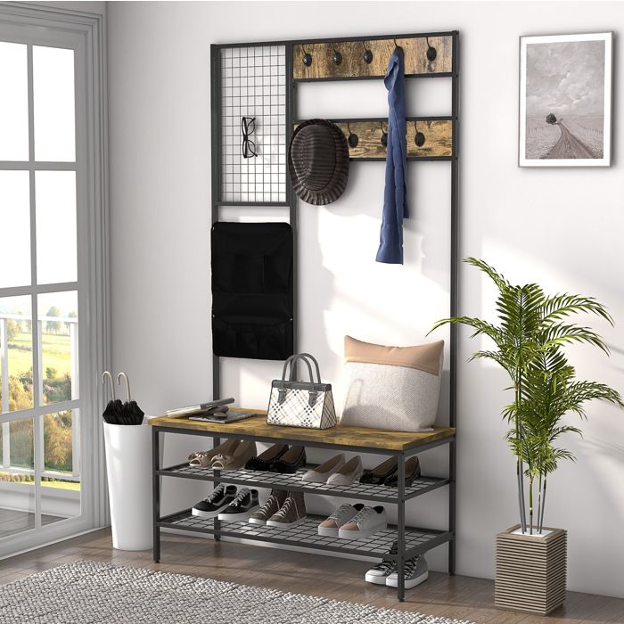 JOINERY Vestiaire  Meuble dentrée 4-en-1 - Porte-manteau - Banc à chaussures - Étagère à chaussures 100 x 40 x 185cm