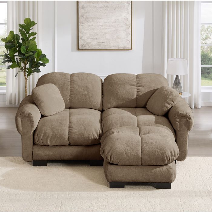 Canapé d’angle modulable 2 places en chenille marron avec pouf mobile design matelassé et coussin amovible