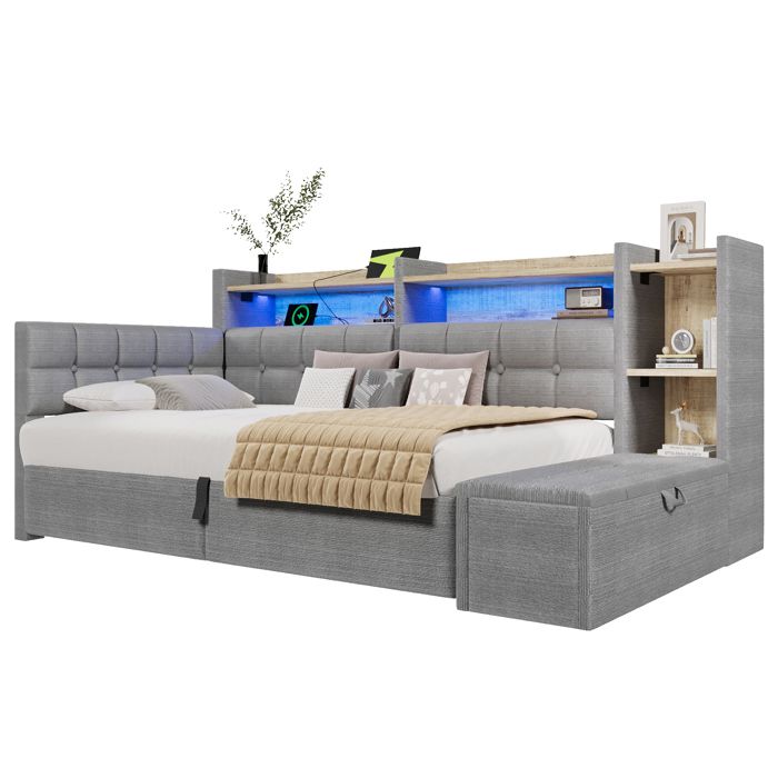 Lit coffre 90x200 cm avec chargement USB Type C et LED Lit hydraulique avec sommier Lit fonctionnel rangement Velours gris
