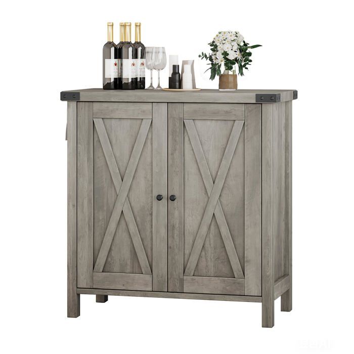 Buffet gris style campagne 40×80×80cm avec plans de travail portes et étagère réglable meuble multifonction cuisine salon