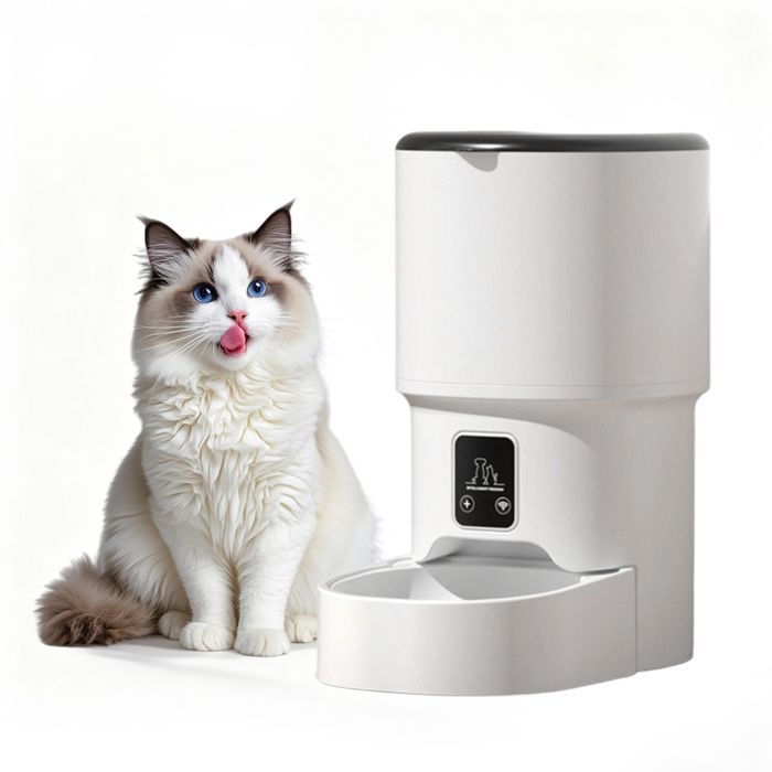 Distributeur automatique de croquettes 4 L pour chats et petits chiens – Programmable– Bol en acier inoxydable blanc