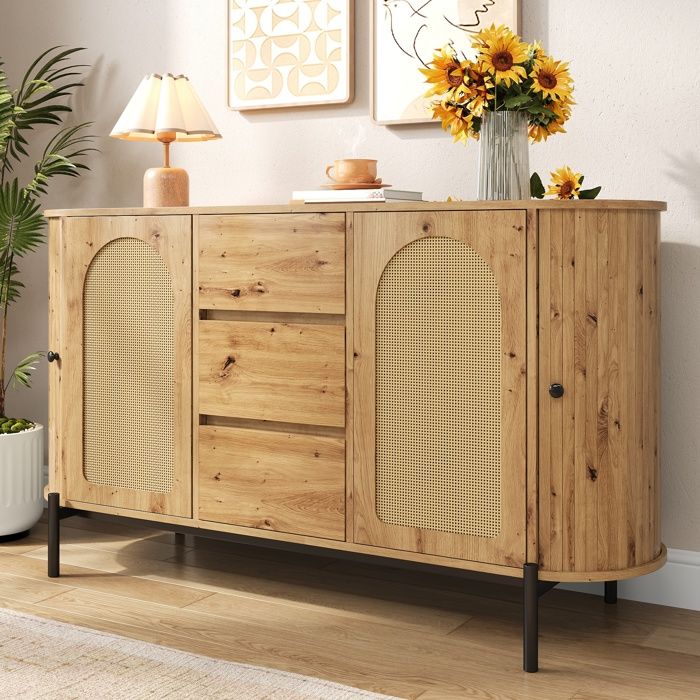 Buffet Bahut 140x38x77 5 cm LEMLIT Meuble de Rangement en Bois avec Rotin Portes Coulissantes 3 Tiroirs - Naturel