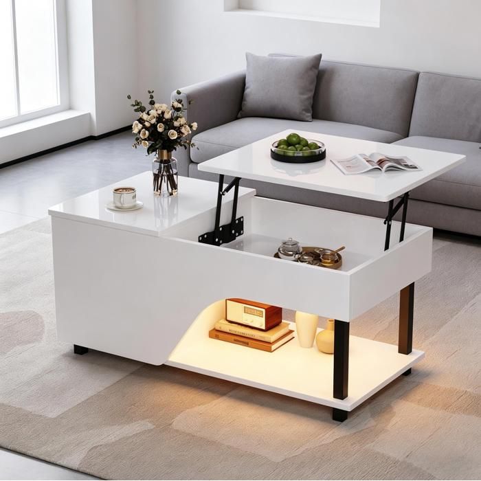 Table Basse Relevable avec Rangement Caché Étagère Latérale et LED USB - BEAUNIV - Blanc Brillant 100×50×46 cm