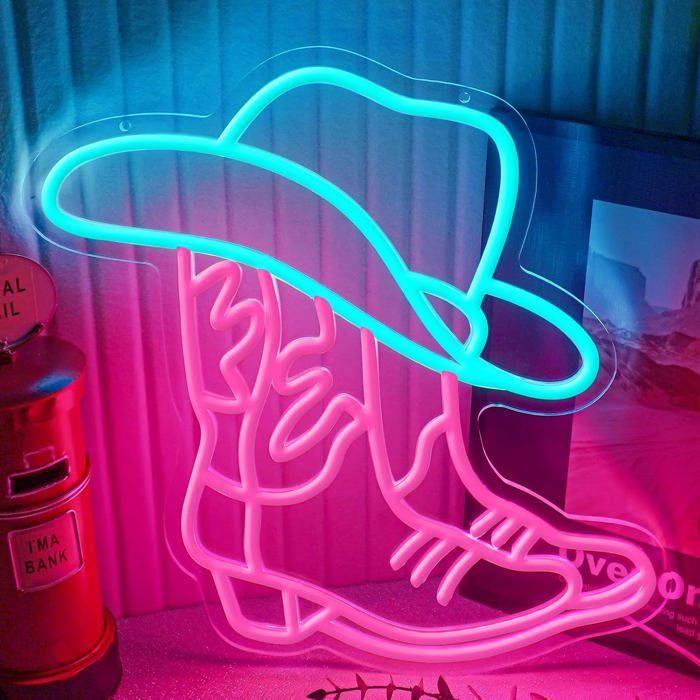 Enseigne lumineuse néon  - Botte de cowboy avec chapeau - Acrylique haute qualité - Dimensions 32x35x1.5 cm