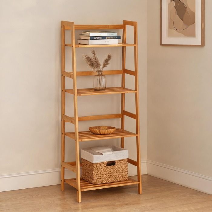 Étagère échelle 4 niveaux en bambou massif bois naturel 120 cm – gain de place salon