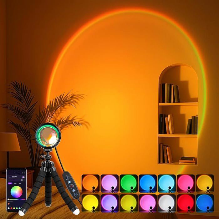 Lampe Coucher de Soleil Sunset Lamp Multicolore à LED Commande par Bouton et Application Rotation à 360 Degrés pou LAMPE DECORATIVE