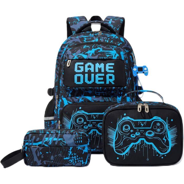Cartable scolaire lumineux bleu - Ensemble de 3 pièces - 29 x 13 x 43 cm - Nylon - Imperméable
