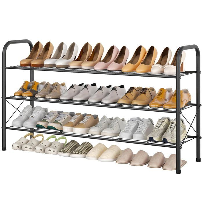 Portoir chaussures métallique 3 niveaux étagère gain de place en treillis robuste pour entrée et placard noir