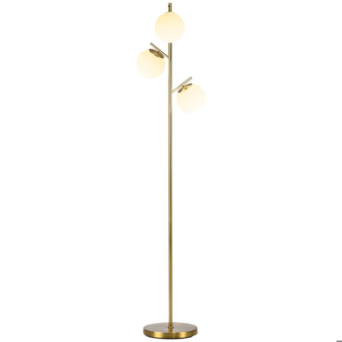Lampadaire en métal - Lampe sur pied pour salon - équipée de trois abat-jour sphériques en verre blanc dépoli