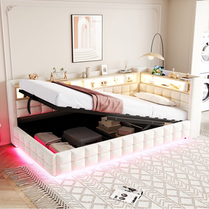 Sofa-Bed 90x200cm Beige Hydraulique LED USB-C & 2 Étagères Bois