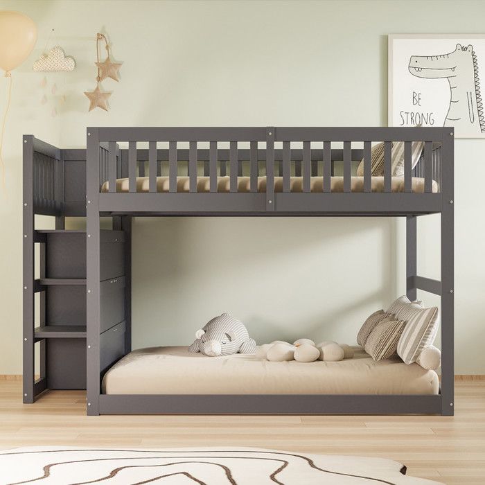 Piaenon - Lit superposé 140x200 cm lit enfant avec échelle 4 tiroirs et barrière haute - Bois massif - Gris