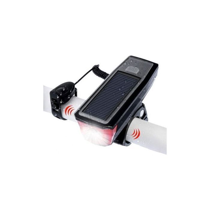 Phare de vélo solaire - MAX® - Lampe frontale USB 4 modes - Noir - Avec sonnette sécurité Phare de vélo solaire - MAX® - Lampe frontale USB 4 modes - Noir - Avec sonnette sécurité