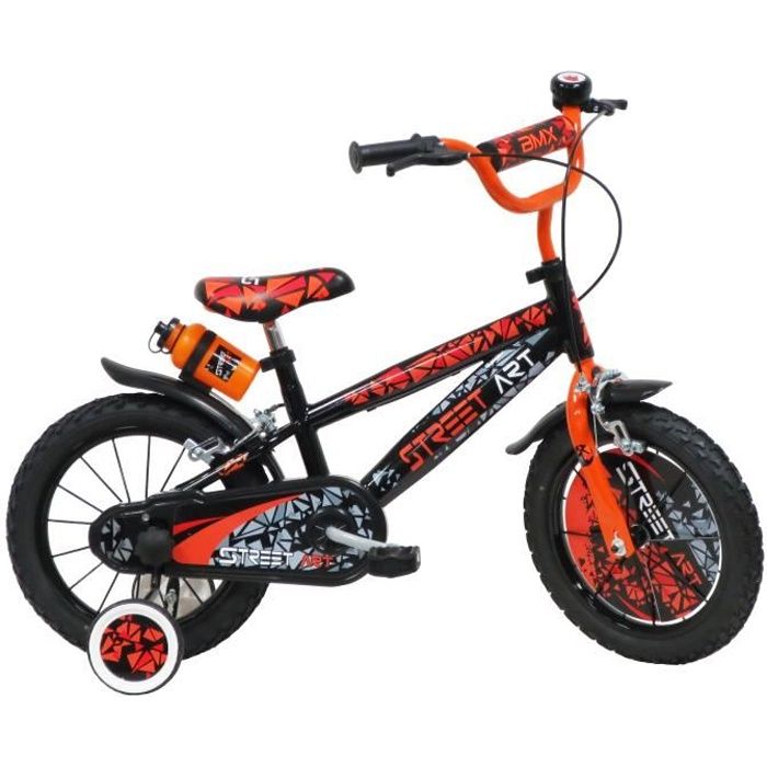 Vélo Enfant 14 STREET ART Garçon ( taille 90 cm à 110 cm ) Noir & Orange,  équipé de 2 Freins, Gourde, Porte gourde, Plaque avant - Cdiscount Sport