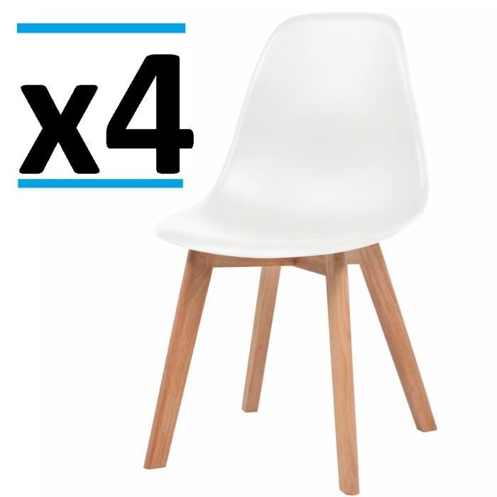 ensemble de 4 chaises en plastique blanc avec pieds en bois d'hevea vintage design bureau salon cuisine salle à manger lot