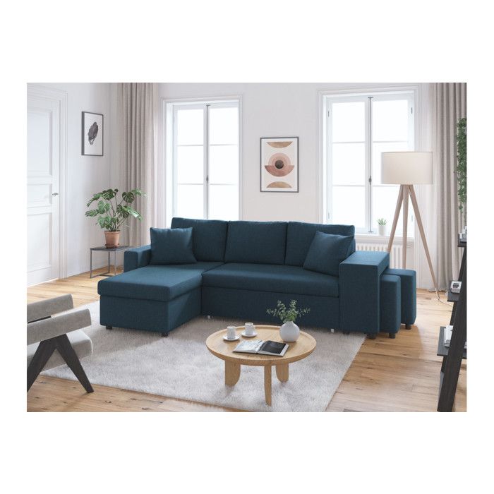 LOUNGITUDE Canap&eacute; d'angle convertible bleu p&eacute;trole avec rangement poufs &agrave; droite
