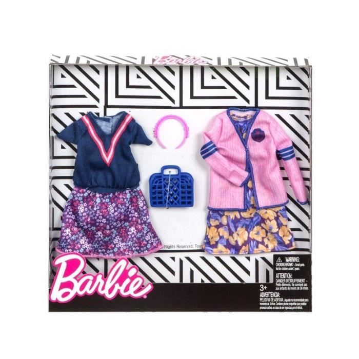 Coffret 2 Habits Barbie : Jupe Et Haut Bleu + Robe Violet Et Veste Rose +  Accessoires - Tenue Ville - Vetement Poupee - Cdiscount Jeux - Jouets