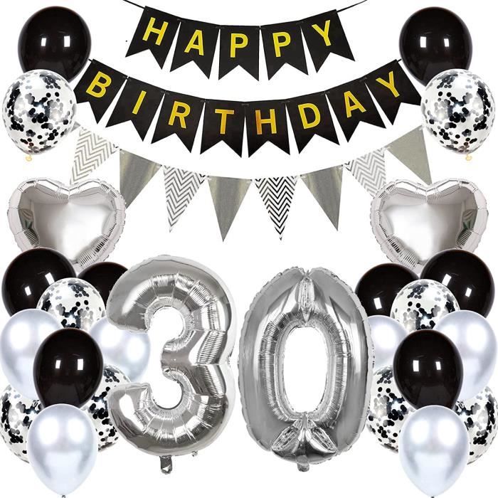 Decoration Anniversaire 30 ans Femme Homme, 30 ans Deco Anniversaire avec  Ballon Blanc et Or, Dorés Chiffre Ballon 30, Happy Birthday Bannière