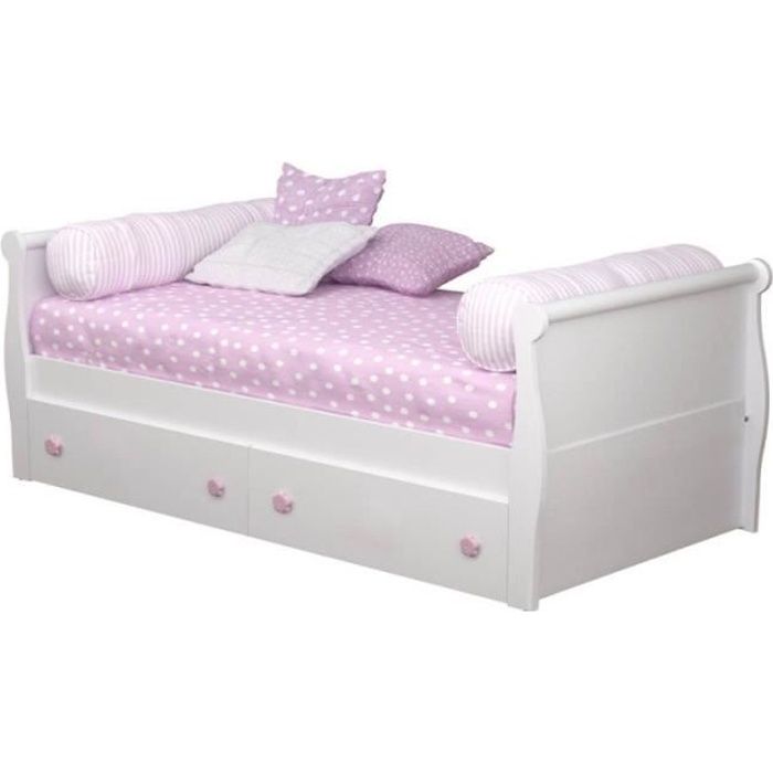 lit enfant avec rangement gondole - bainba - 90 x 190 cm - bois et mdf laqué blanc - 2 tiroirs grande capacité