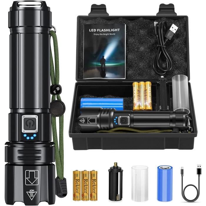 Lampe Torche LED 1 000 000 Lumens – Rechargeable USB, Zoomable, écran LCD, 5 Modes, Rouge Fluorescent, Pour Camping, Urgence, Police