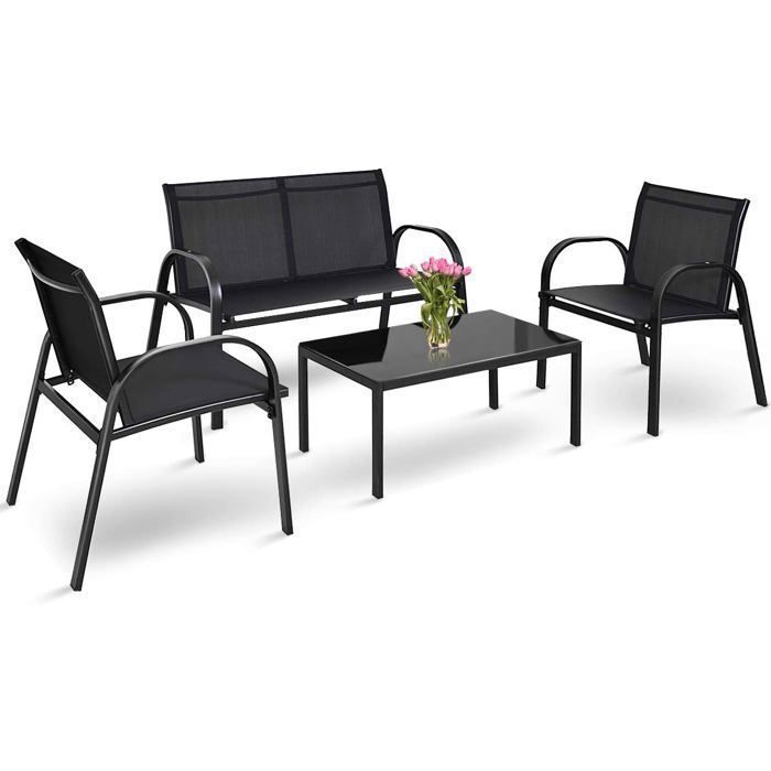 COSTWAY Ensemble Salon de Jardin 4 Places 2 Fauteuils 1 Canapé et 1 Table Basse en Verre Tissu Respirant Anti-UV Noir