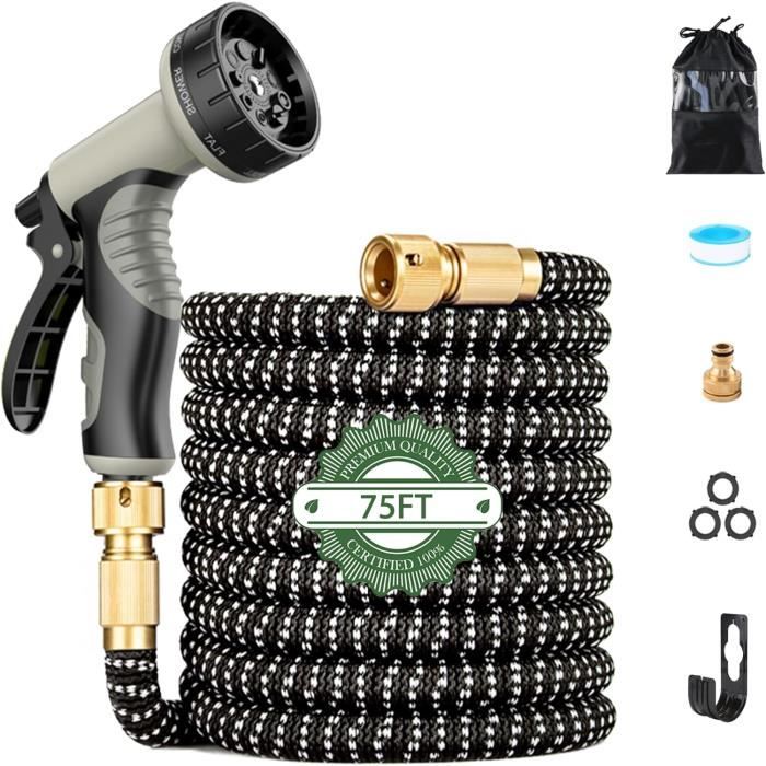 Tuyau Arrosage Extensible 15 M - 8 Buses - Raccord Laiton - Jardin, Voiture, Animaux - Noir
