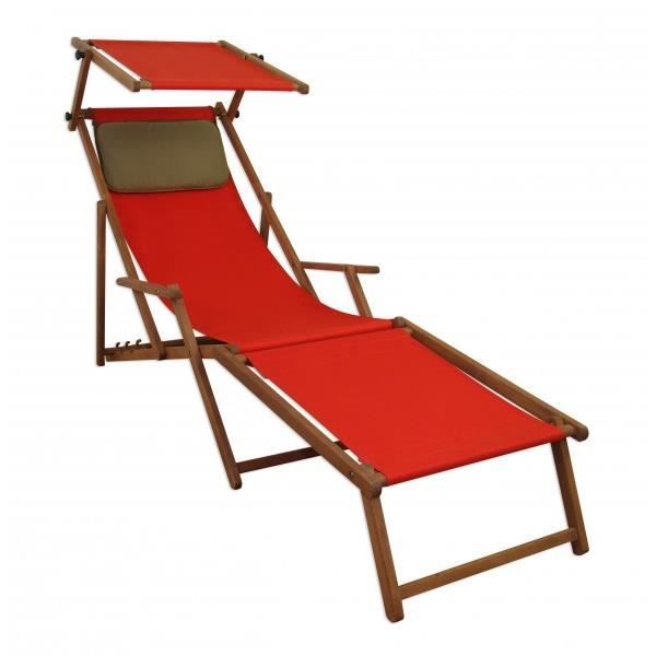 chaise longue de jardin pliante en bois rouge avec oreiller et pare-soleil - erst-holz - modèle 10-308fskd