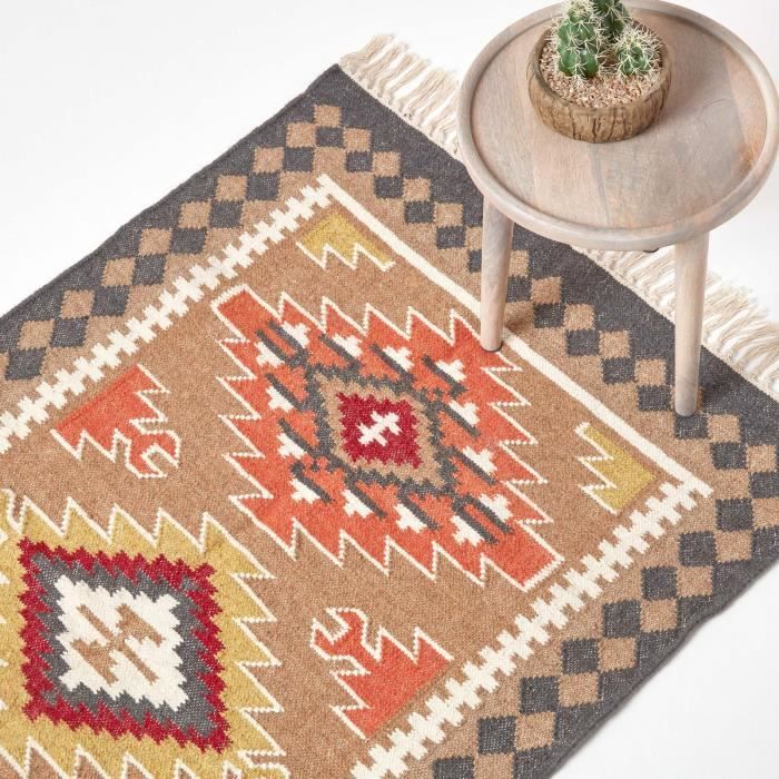 Tapis Kilim En Laine A Motif Geometrique Marron Jaipur 120 X 170 Cm Achat Vente Tapis Cdiscount