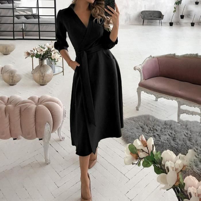 Robe Mi-Longue Femme Pour Femme Col En V Imprimé Manches Longues Revers  Avec Cordon Chic Sexy Vintage Élégant Robe ,noir,M Noir - Cdiscount  Prêt-à-Porter