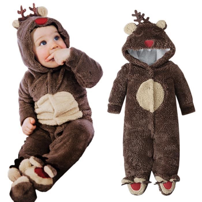 0-24 Mois Bébé Fille Garçon Body Noël en Peluche Combinaison à Capuche  Renne Grenouillère Nouveau-né