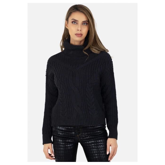 Pull noir col roulé femme grosse maille