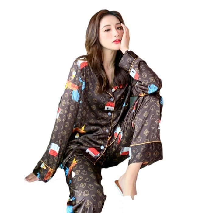 Ensemble De Deux Pièces De Pyjamas En Satin De Soie Pour Femmes Marron ...
