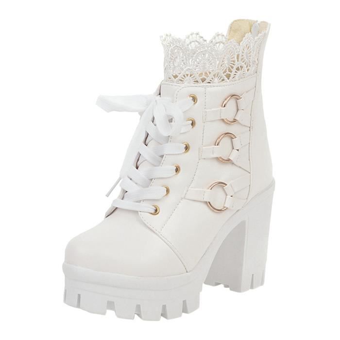 Lukcolor Bottine Boots Mode hiver dentelle couleur pure a talons hauts femmes bottines chaussures de soiree blanche Blanche Cdiscount Chaussures