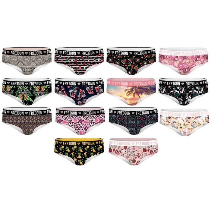 Lot De 6 Boxers Femme FREEGUN En Coton - Couleur Noir, Ceinture élastique Large Avec Motifs Fun