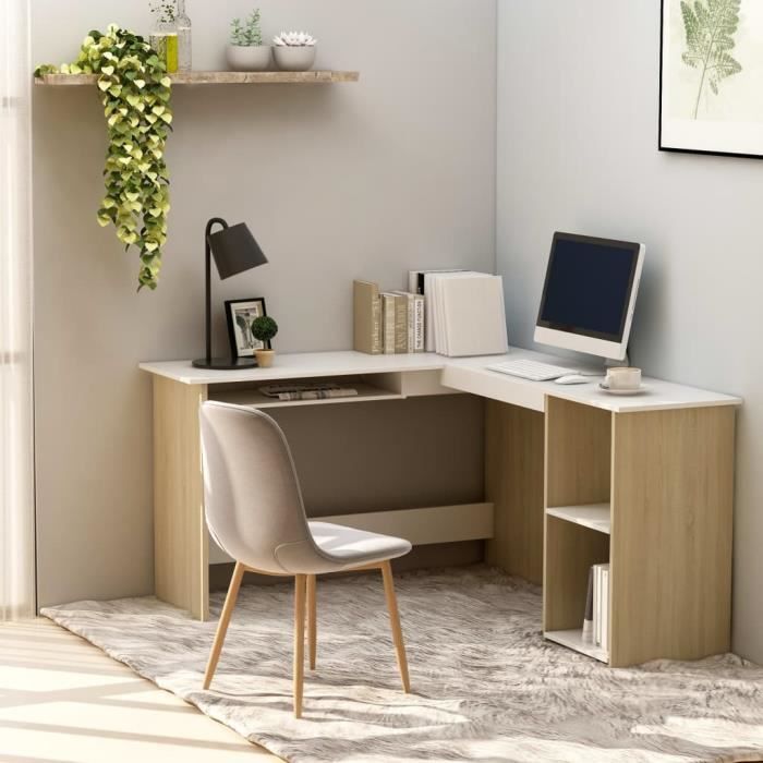Bureau D Angle En Forme De L Table De Bureau Style Contemporain Scandinave Decor Blanc Chene Sonoma 120x140x75 Cm Achat Vente Bureau Bureau D Angle En Forme De L