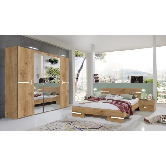 Chambre à coucher complète adulte CROWN (lit 160x200 cm + 2 chevets + armoire) coloris imitation chêne poutre-chrome brillant Chambre à coucher complète adulte CROWN (lit 160x200 cm + 2 chevets + armoire) coloris imitation chêne poutre-chrome brillant