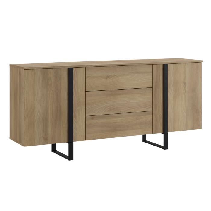Buffet en mélamine et métal coloris chêne - noir - Longueur 180 x profondeur 40 x hauteur 82 cm