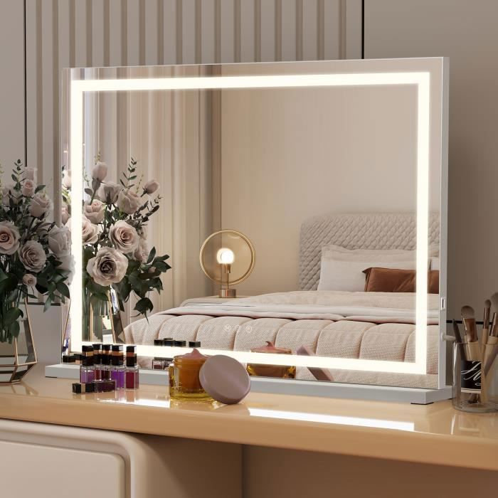 Miroir de Maquillage Hollywood LED Tricolore Réglage - Écran Tactile - USB Charge - Loupe 10x - Blanc - 56x80 cm