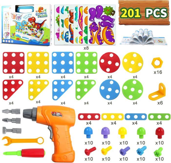 Kit De Perçage Enfant 224 Pièces – Perceuse électrique Et Outils – Jeu De Construction Dinosaur – Cadeau 3-5 Ans